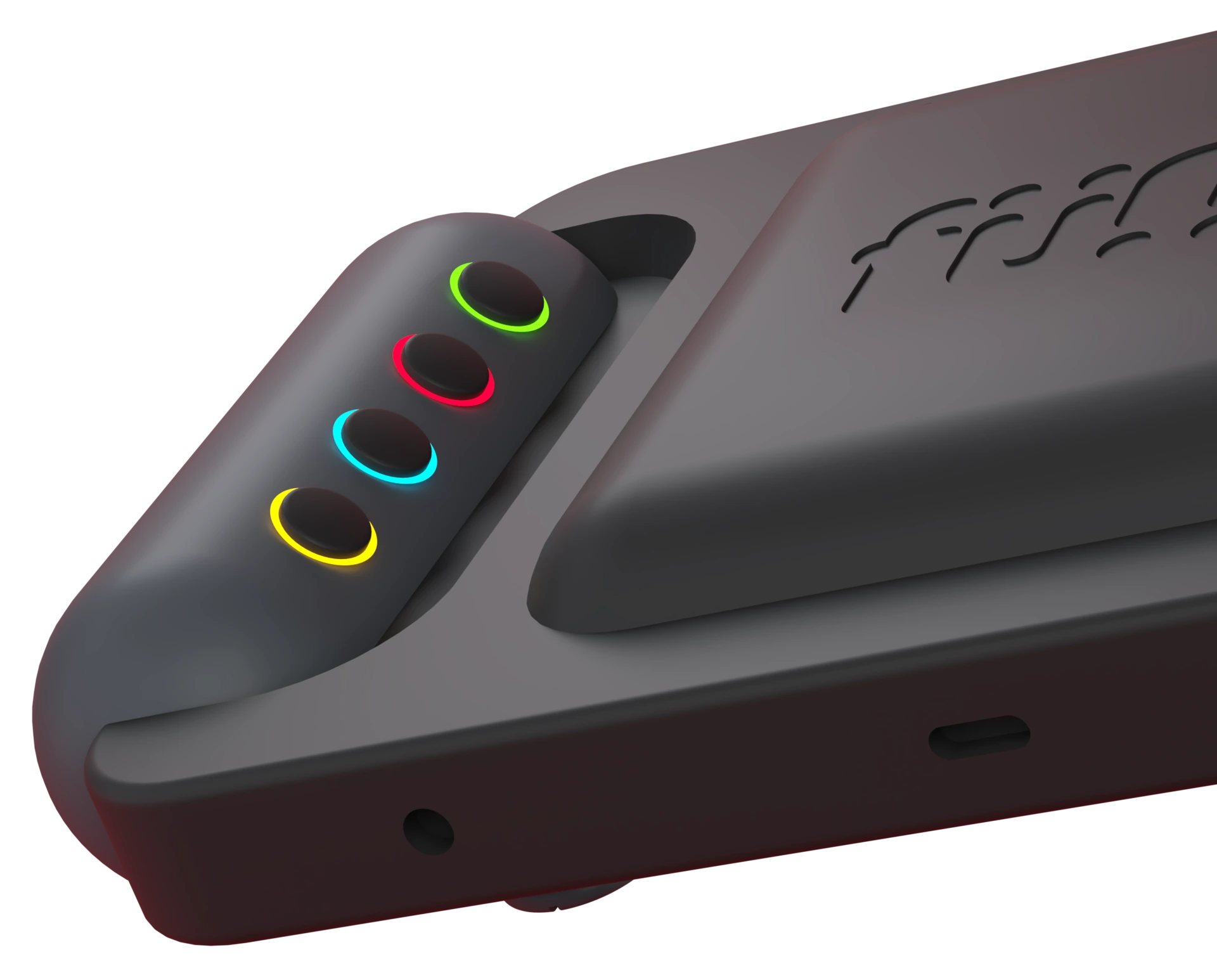 The back of the Funf grip, with four lit buttons glowing yellow, cyan, red and green