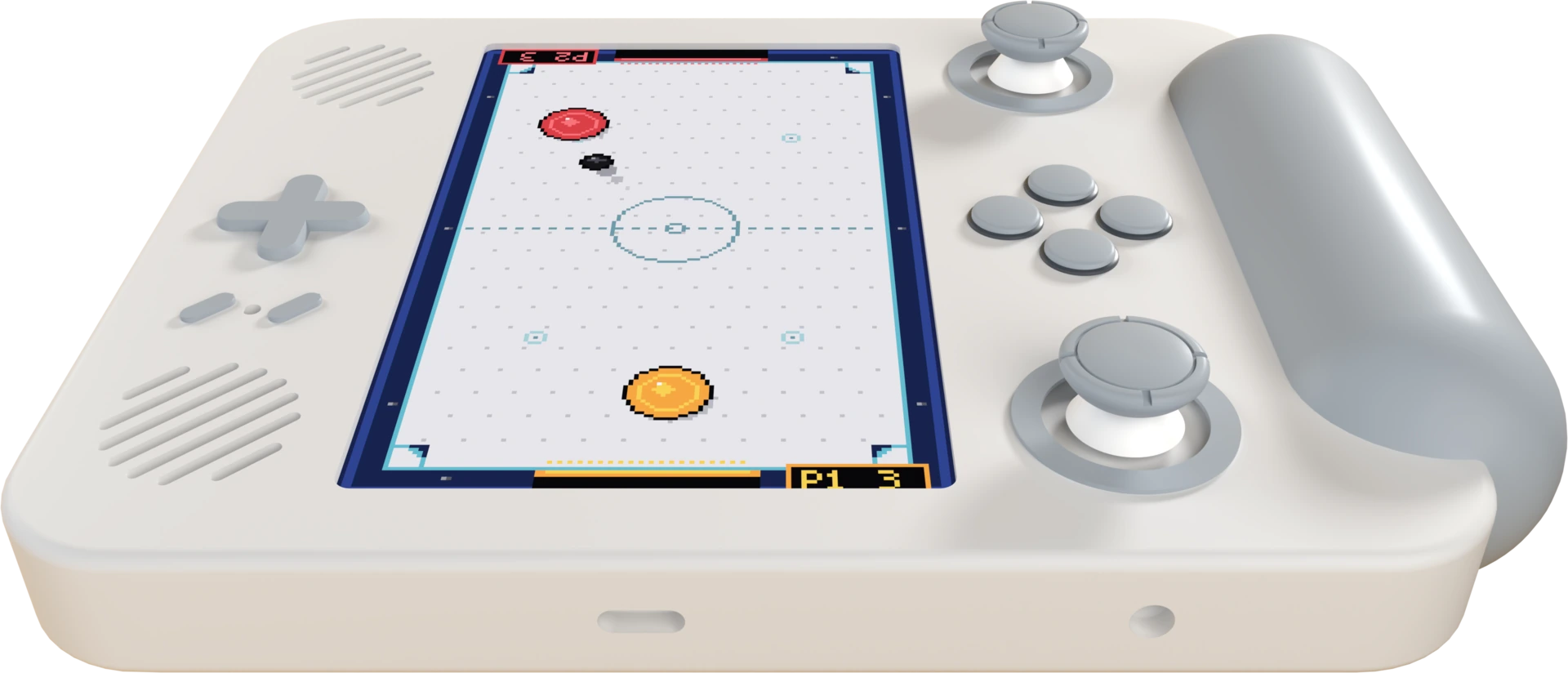 A white Funf lying flat, seen from Player 1's end, an air hockey game on its screen