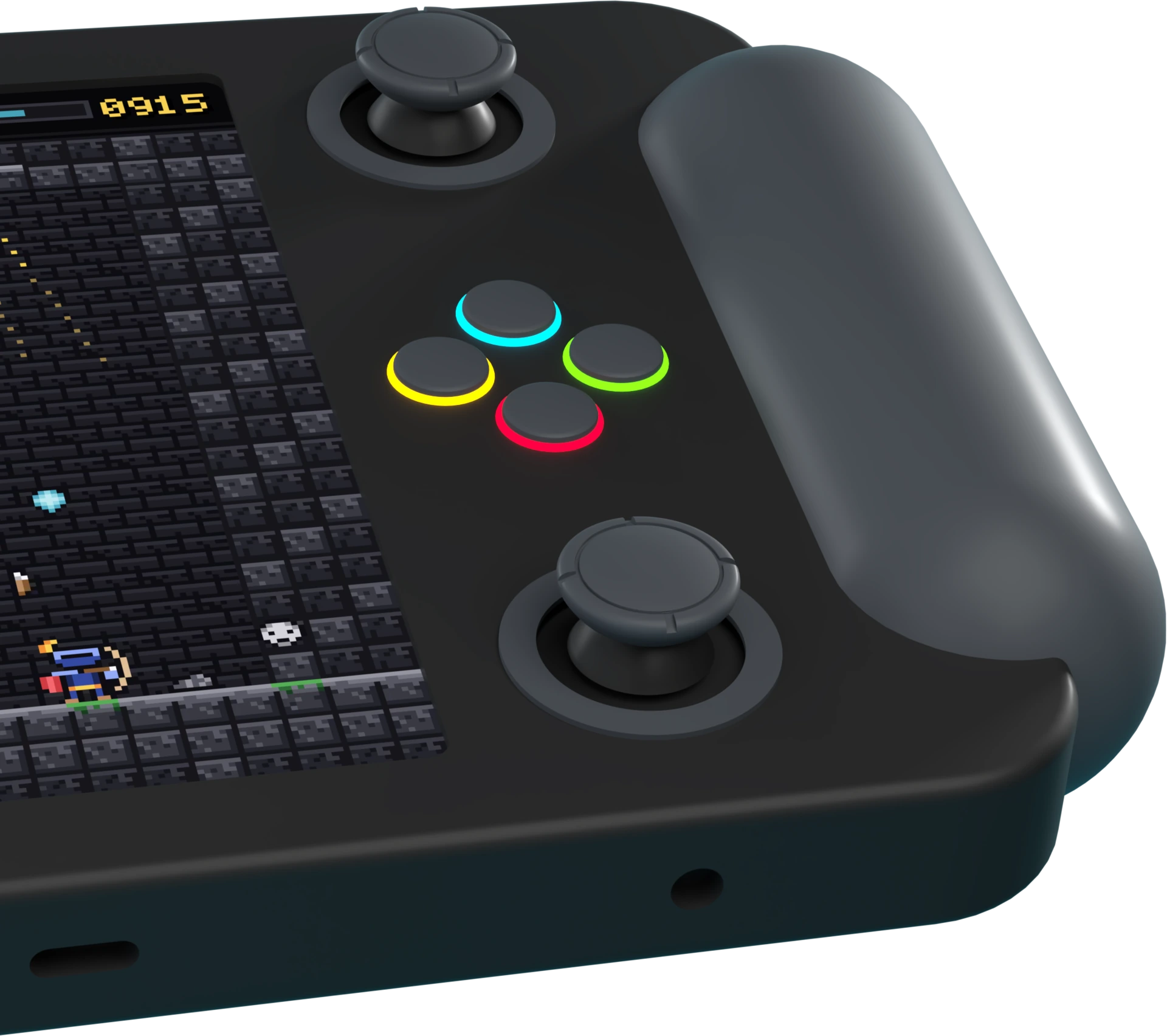 A black Funf at an angle, its diamond of four buttons lit cyan, green, red and yellow, Sunken Keep on the screen