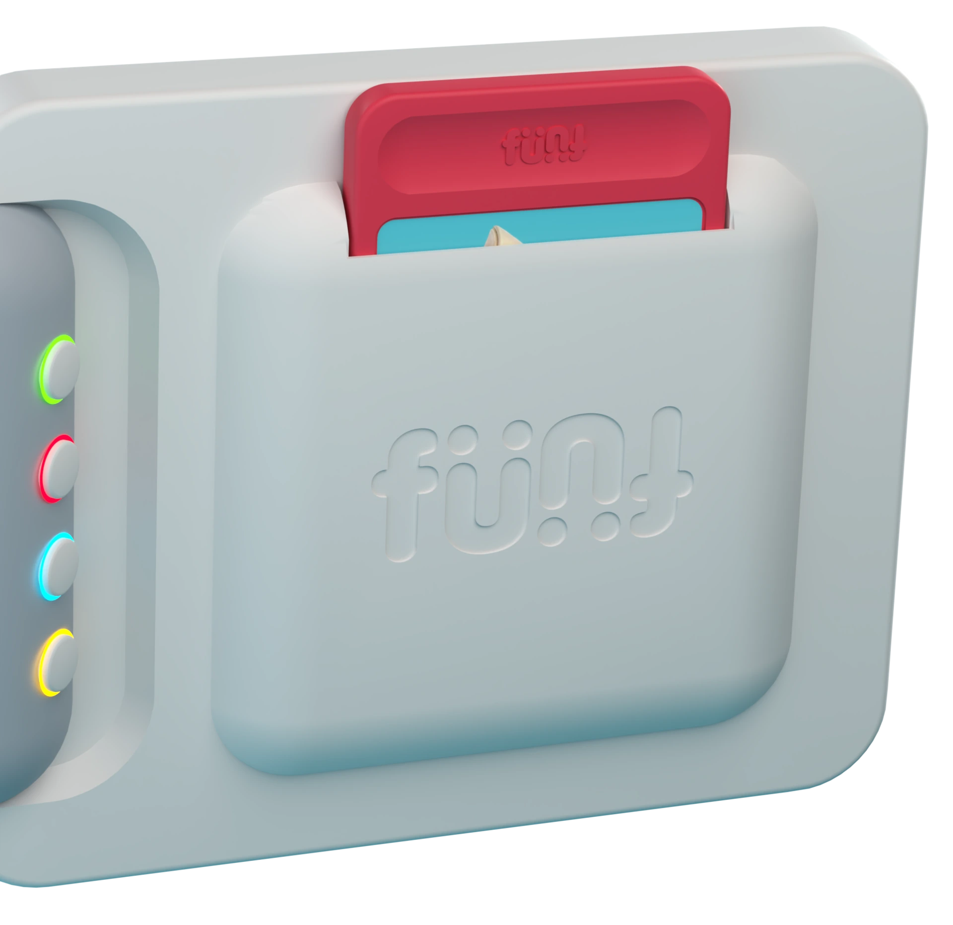 The back of a Funf with a red cartridge seated in its bay