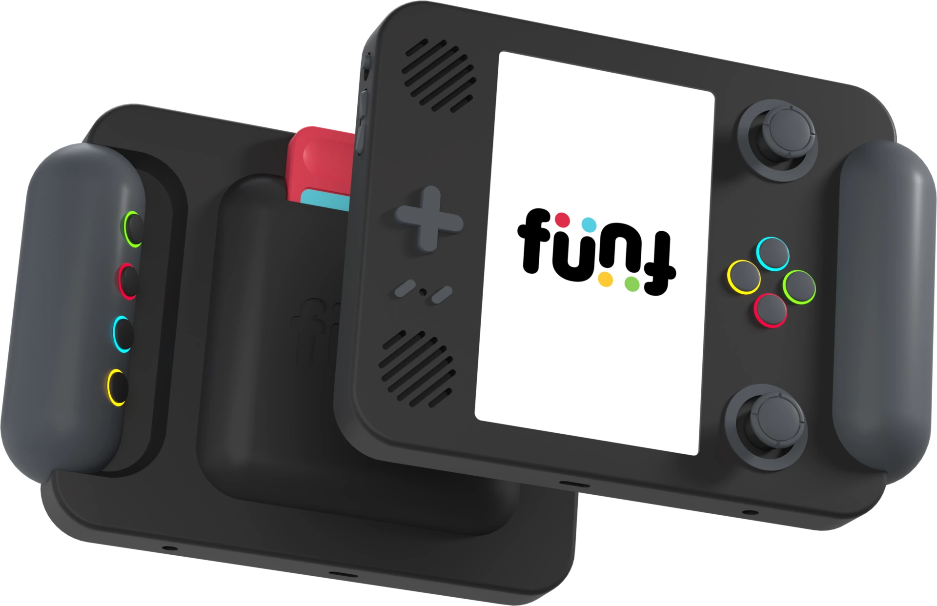 Two Funf handhelds in black, one face up showing the Funf logo, one turned to show its lit rear bank and a seated cartridge