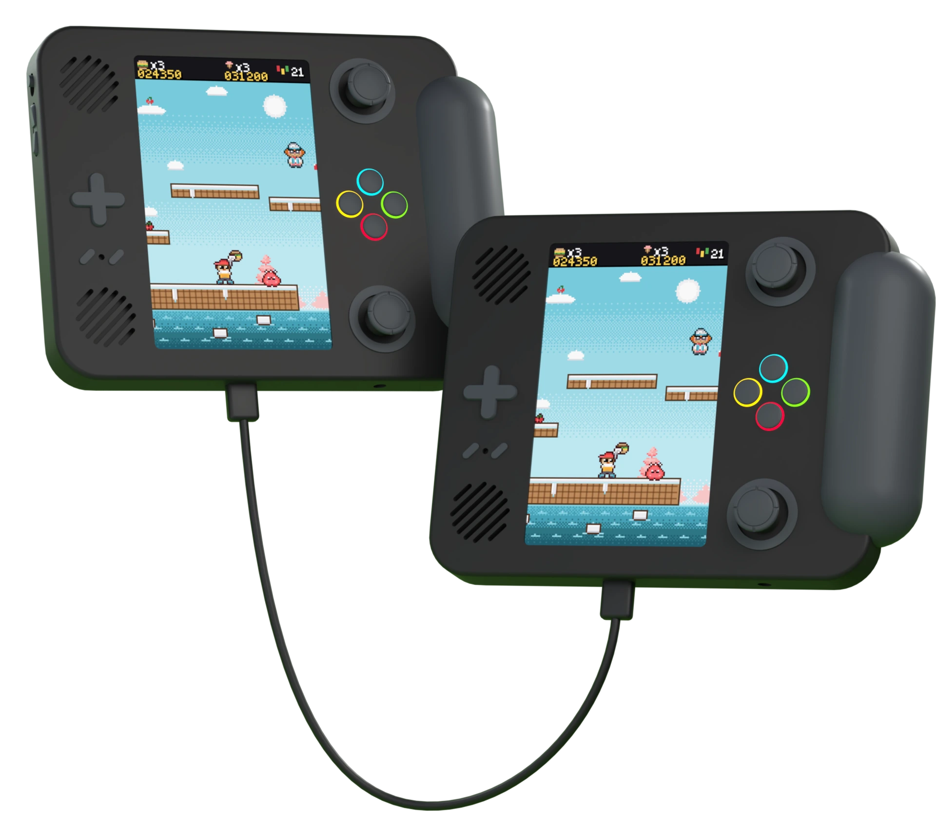 Two Funf handhelds joined by a cable, the same game on both screens